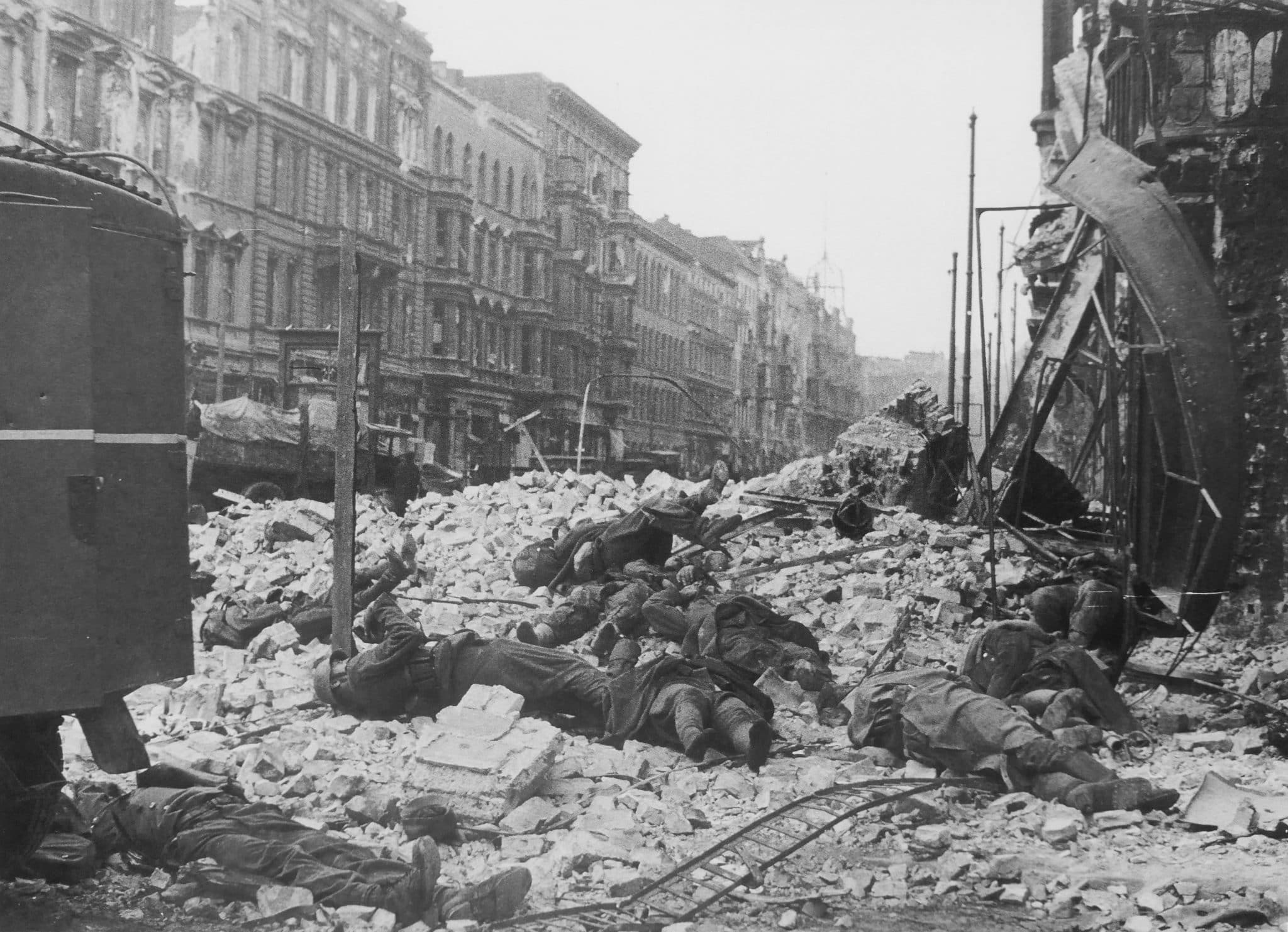 The remains of dead German soldiers on Friedrichstrasse following the Battle of Berlin 1945