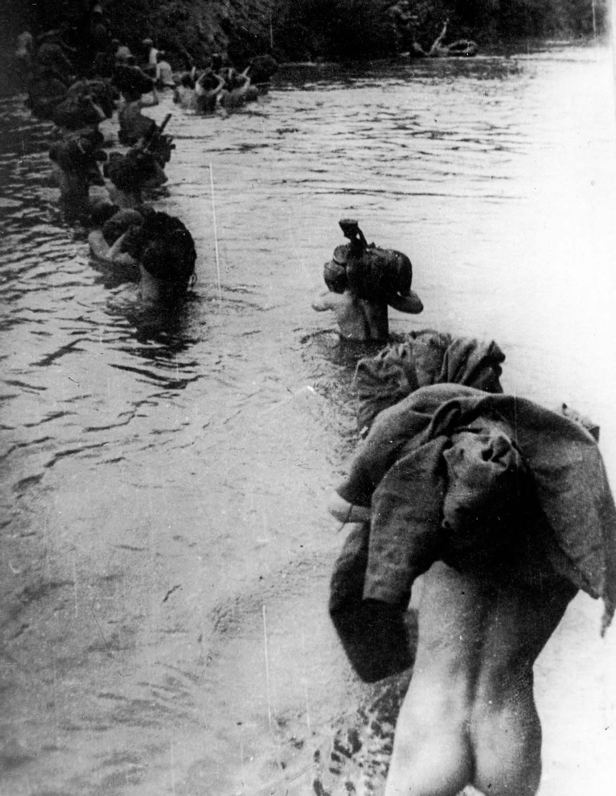 Soviet Red Army soldier cross the River Spree in the Battle of Berlin